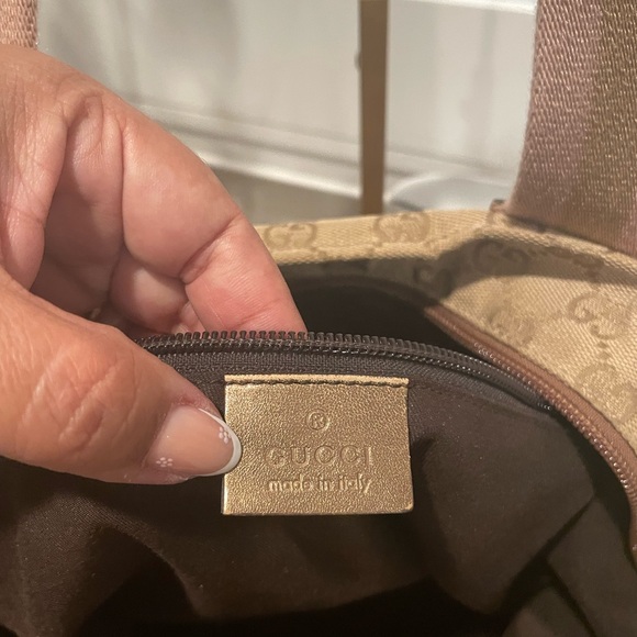 Gucci Beige & Gold Monogram Tote with Pink Striped Web Handles - Picture 5 of 8